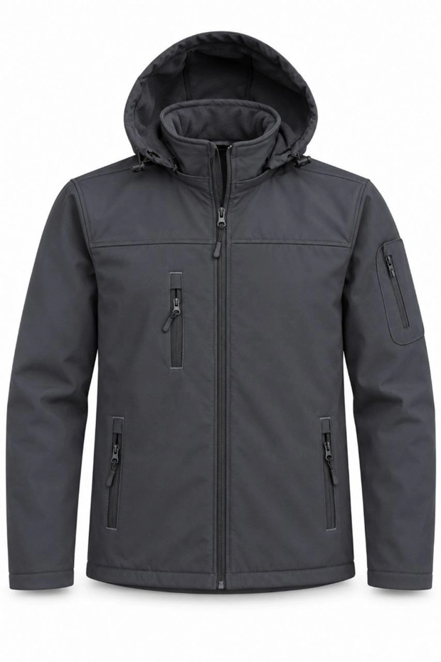 Men's Waterproof Jacket with Fleece Lining and Detachable Hood - Smoke Gray