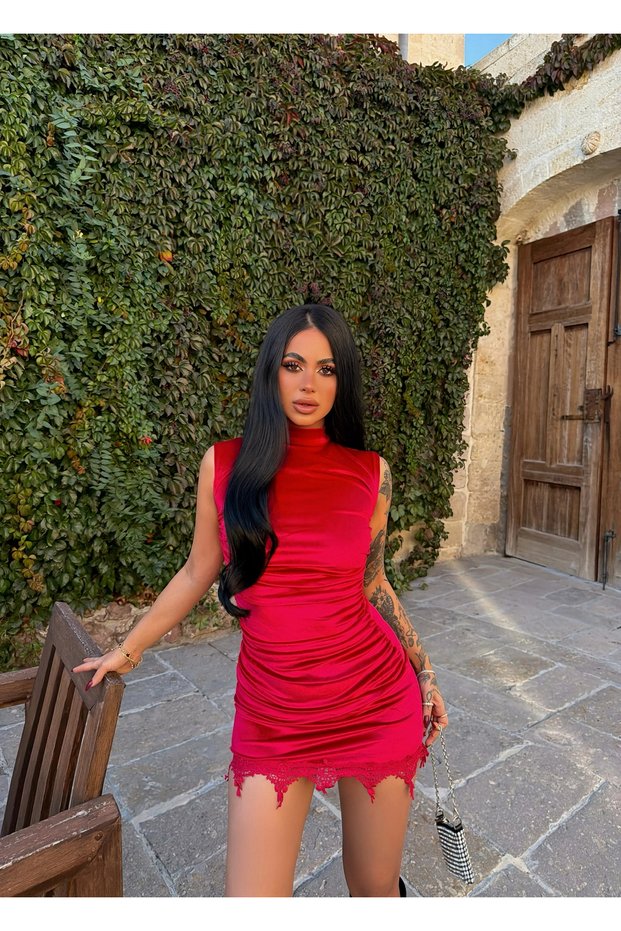 Red Guipure Lace-Trimmed Velvet Mini Dress