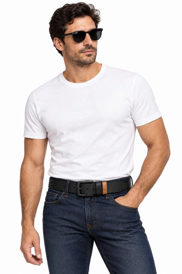 Men's Black 4 cm Double Buckle Metal Buckle Jeans and Fabric Trouser Belt