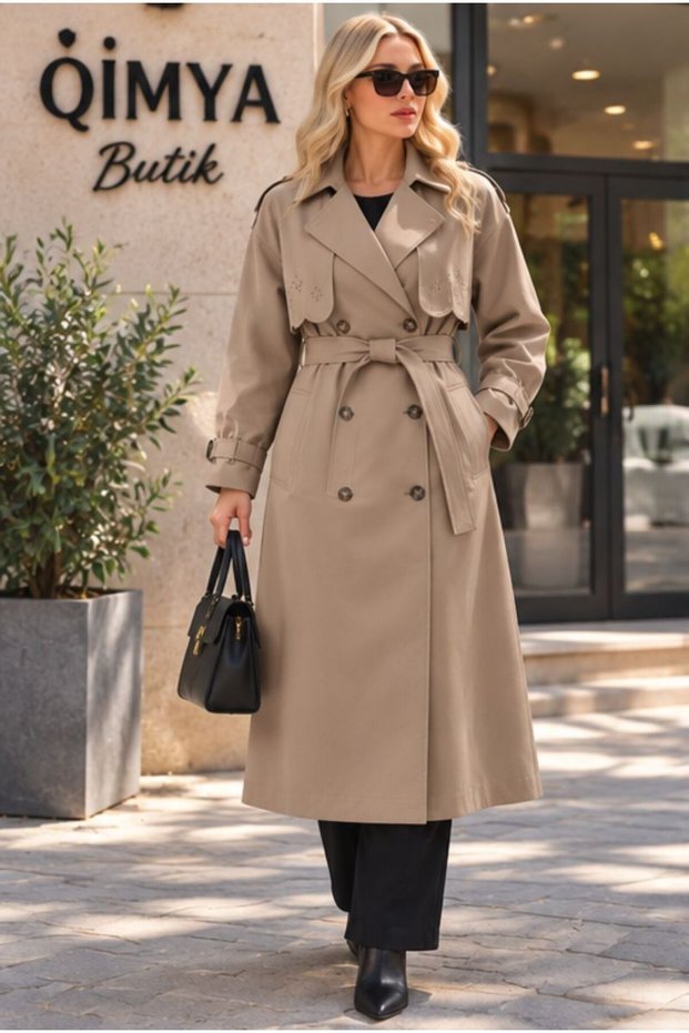 EGZOTİK ASORTİK Women's Lined Classic Trench Coat with Laser Cut Floral Design