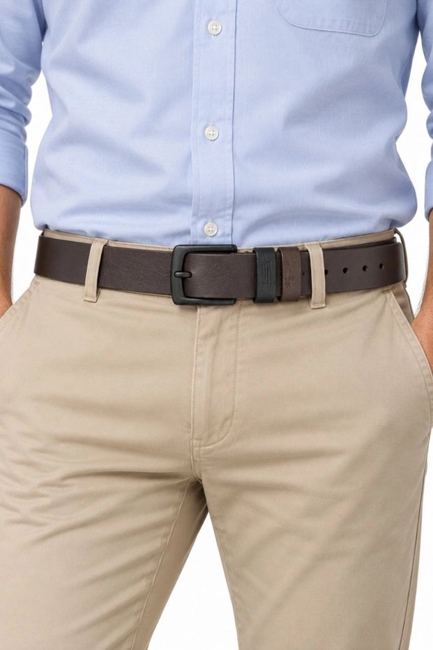 Men's Dark Brown 4 cm Double Buckle Metal Buckle Jeans and Fabric Trouser Belt