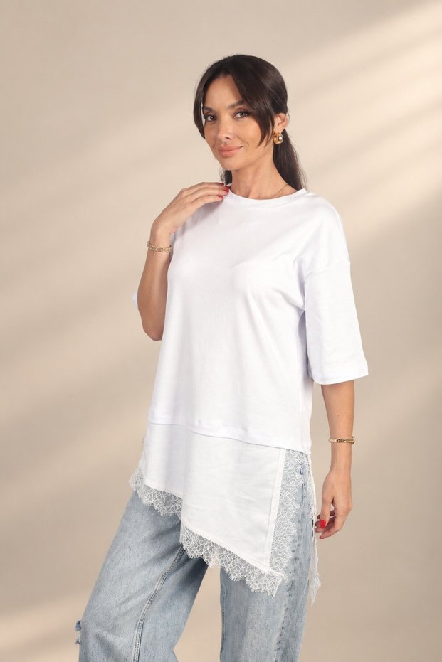 Women's Asymmetrical Interlock Modal Short-Sleeve T-Shirt with Slit and Lace Details
