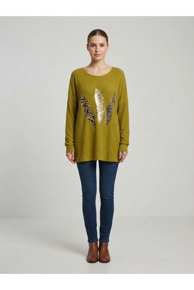 Women's Italian Blouse with Feather Print and Embellished with Stones, Oversized, Loose-Fit, Textured Knit Blouse Tunic