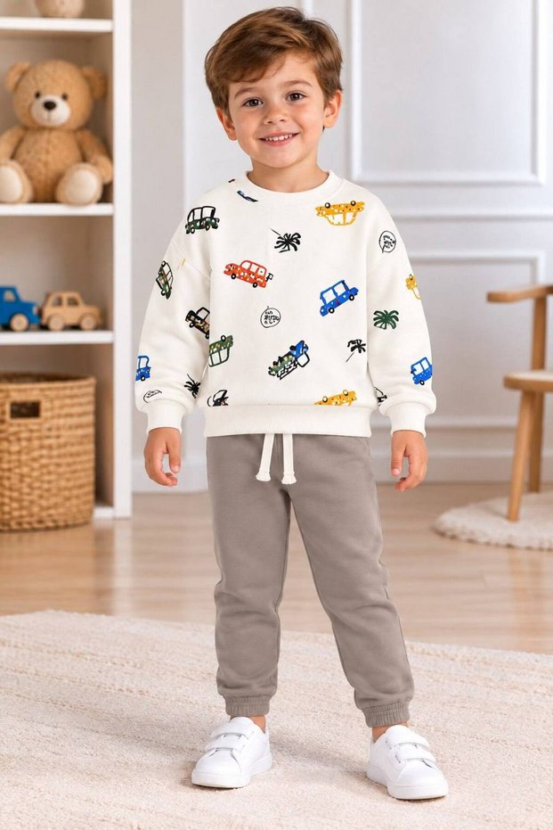 BOYS' CUTE CAR-PRINTED 3-PLY COTTON 1-4 YEARS TOP AND BOTTOM 2-PIECE SET