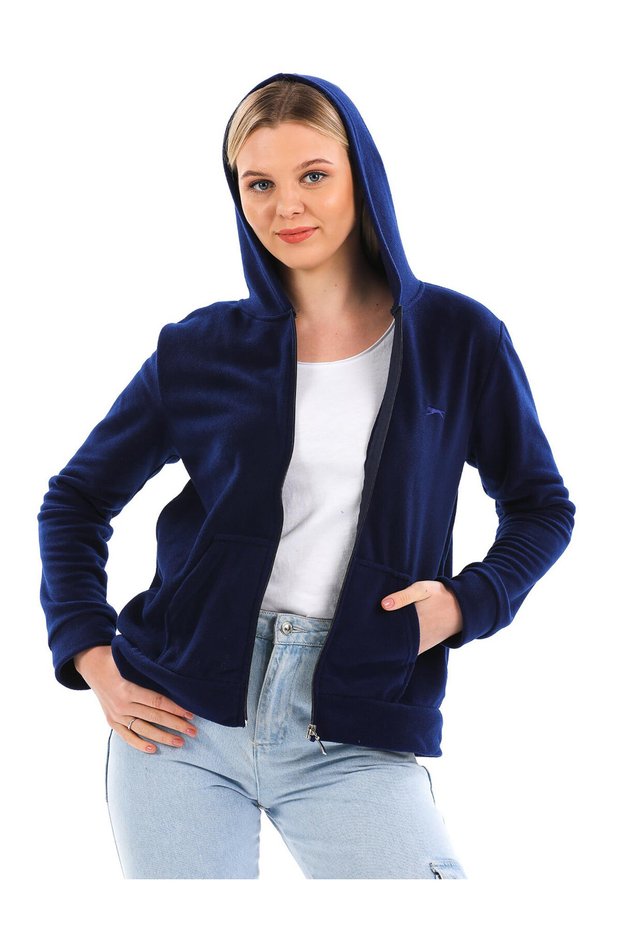 SLAZENGER Navy Blue Solid Women's Zip-Up Fleece-Lined Sweatshirt, Featuring the ALITA CITY Touch