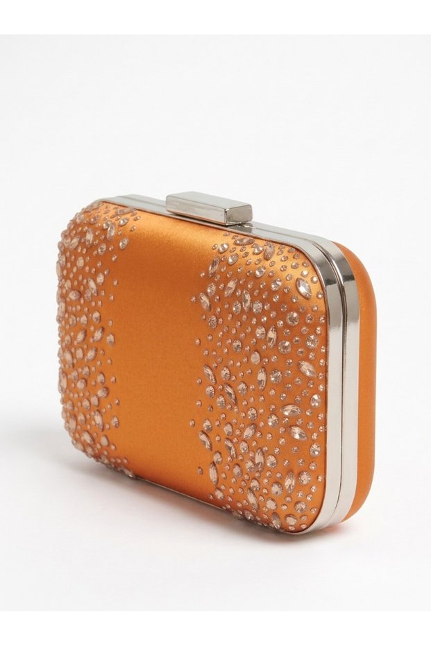 Orange Satin Clutch Bag Embellished with Stones and Featuring a Metal Chain Strap for Women's Evening Wear for Weddings and Engagements