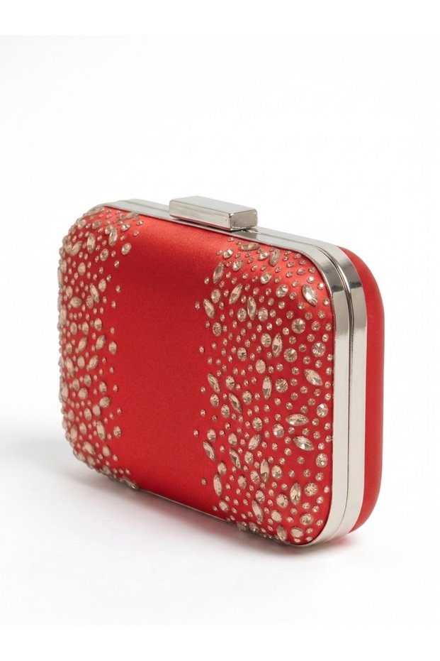 Red Satin Evening Clutch with Crystal Accents, Silver Frame, and Metal Handles for Women—Perfect for Weddings, Engagements, and Graduations