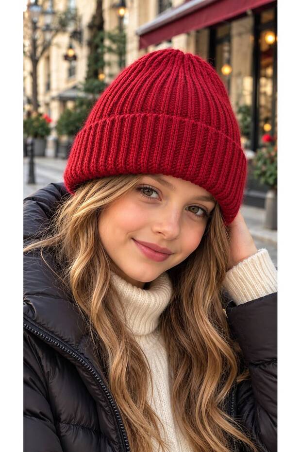 Burgundy Soft-Textured Corded Fabric Knit Girls' Beanie, Ages 7–12
