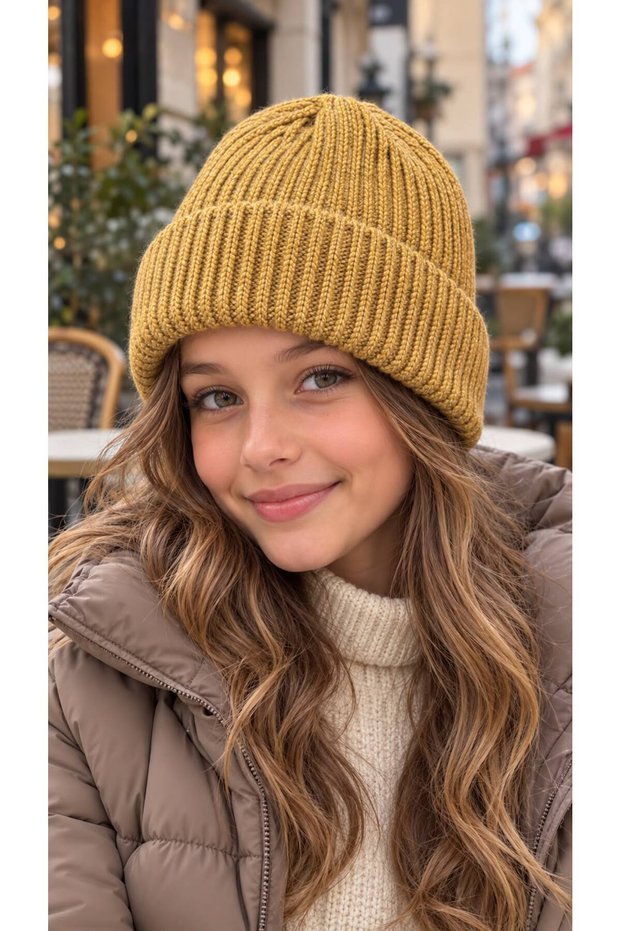 Mustard-Colored Soft-Textured Corded Fabric Knit Girl's Beanie, Ages 7–12