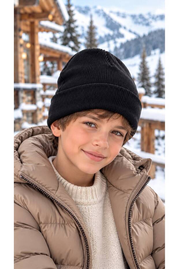 Black Soft-Textured Knit Boy's Beanie, Ages 7–12
