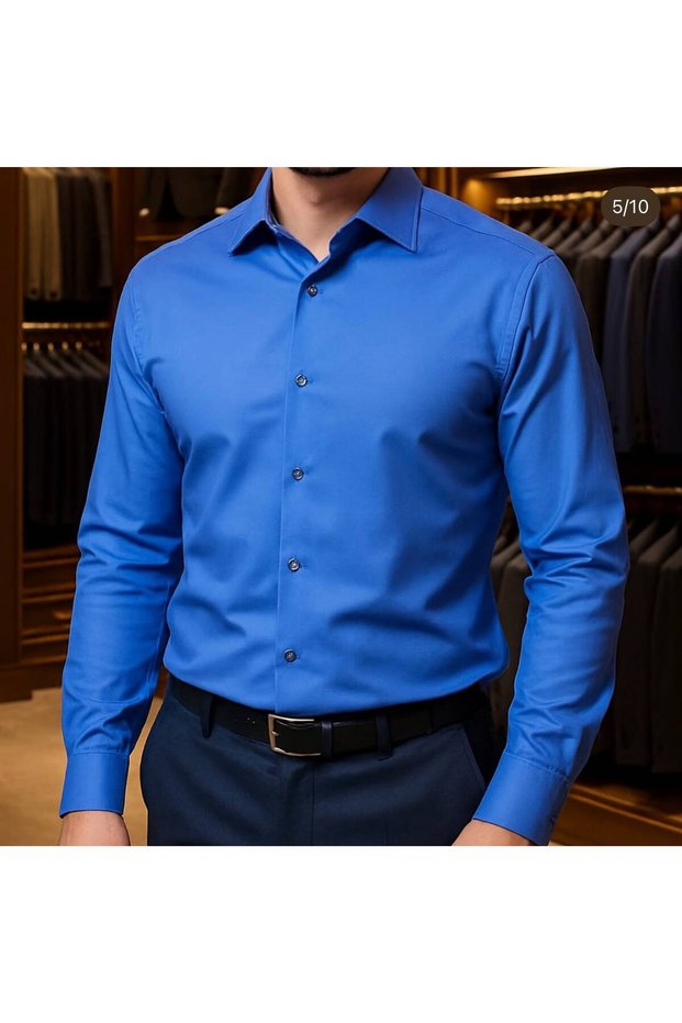 Men's Cobalt Blue Slim Fit Classic-Collar Long-Sleeve Solid Color Stylish Business Shirt