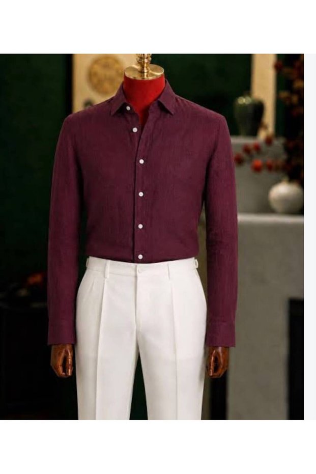 Men's Burgundy Linen Shirt, Classic Collar, Long-Sleeved, Solid Color, Premium, Stylish and Modern Casual Shirt