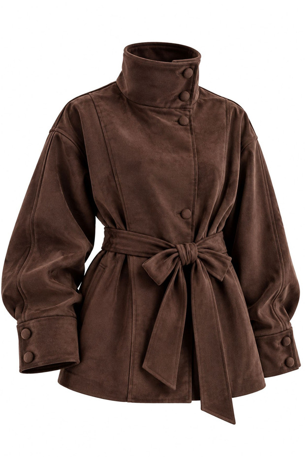Women's Imported Soft Textured Zr Model High Collar Belted Suede Jacket