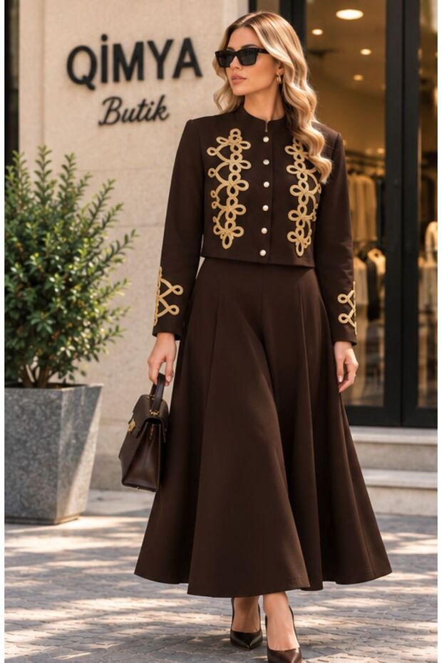 BUKETLİ Women's Modal Jersey Jacket Dress Set with Padded Shoulders and Yellow Cord Embroidery on the Front