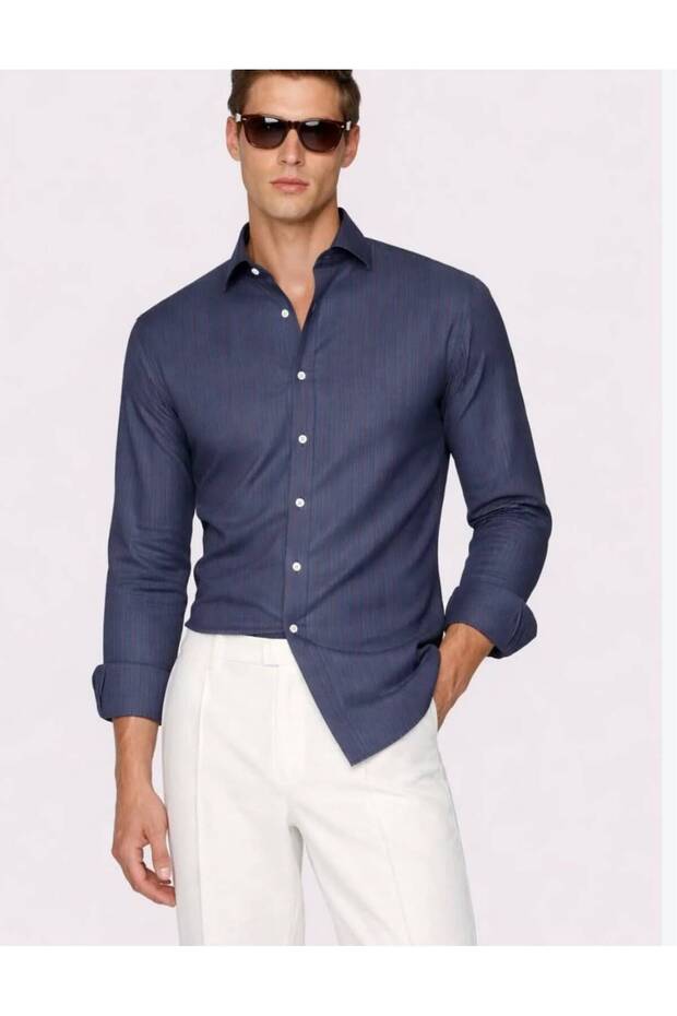 Men's Navy Blue Linen Shirt with Red Fine Stripes, Classic Collar, Long Sleeves—Stylish and Modern Casual Shirt