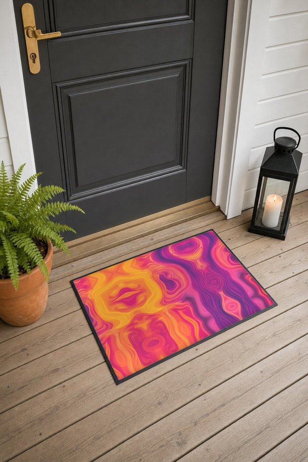 Orange and Purple Psychedelic Flow-Patterned Doormat, 40x60 cm, with Non-Slip Sole, Decorative