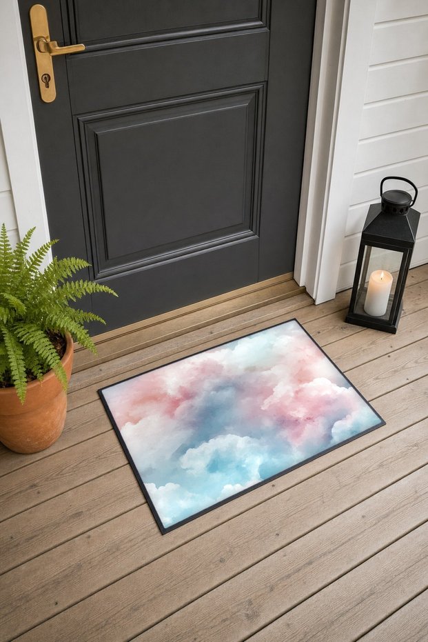 Pink and Blue Pastel Cloud-Patterned Doormat, 40x60 cm, with Non-Slip Sole, Decorative