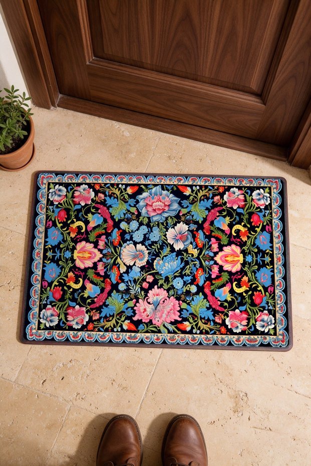 Black-Background Embroidered Rose Garden Turkish Rug-Patterned Doormat, 40x60 cm, with Non-Slip Sole