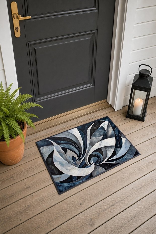 Gray and White Door Mat with Curved Leaf Pattern, 40x60 cm, Non-Slip Sole, Decorative