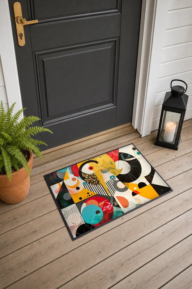 Yellow and Black Retro Geometric Patterned Doormat, 40x60 cm, with Non-Slip Sole, Decorative