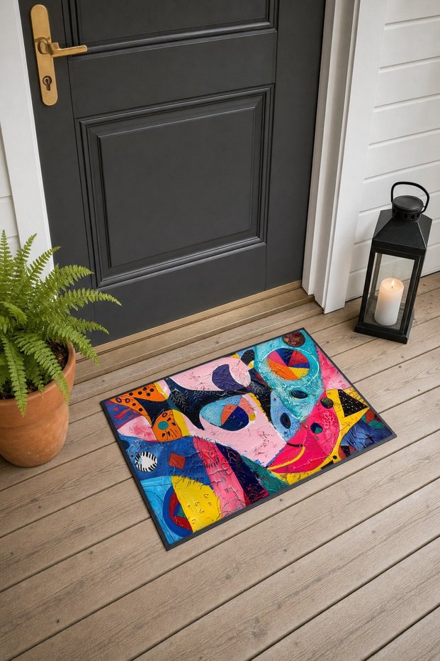 Colorful, Naive, Abstract Patterned Doormat, 40x60 cm, with Non-Slip Sole, Decorative