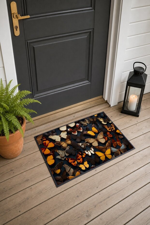 557 Door Mat with Yellow and Brown Butterfly Pattern, 40x60 cm, Non-Slip Sole, Decorative