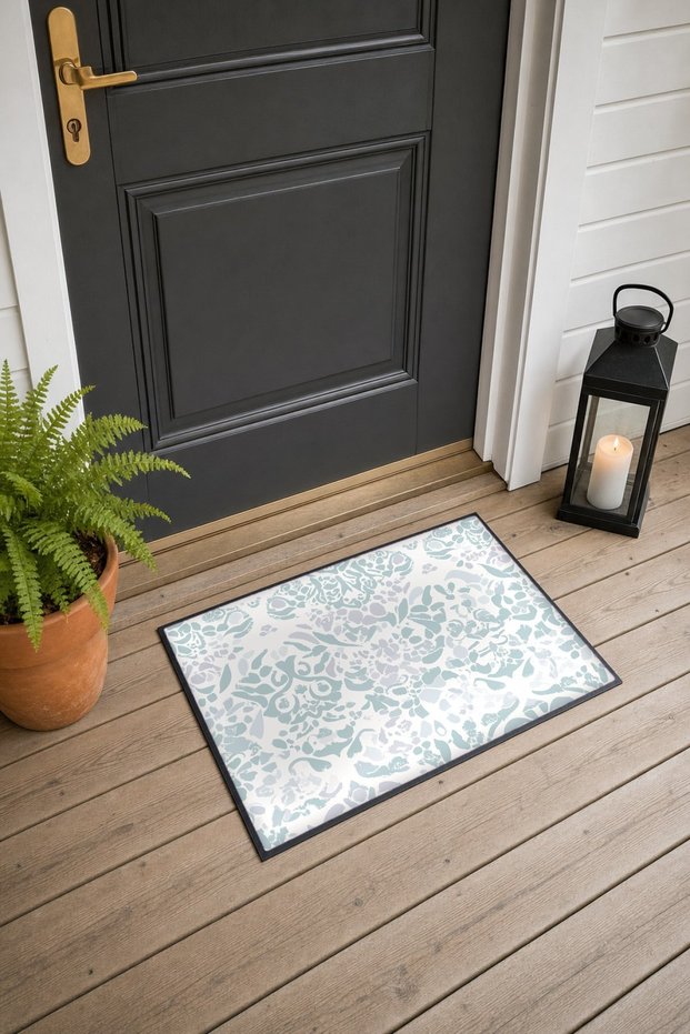 White, Gray, and Pale Damask-Patterned Doormat, 40x60 cm, with Non-Slip Sole, Decorative