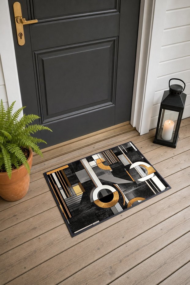 Black Gold Art Deco Ring-Patterned Doormat, 40x60 cm, with Non-Slip Sole, Decorative
