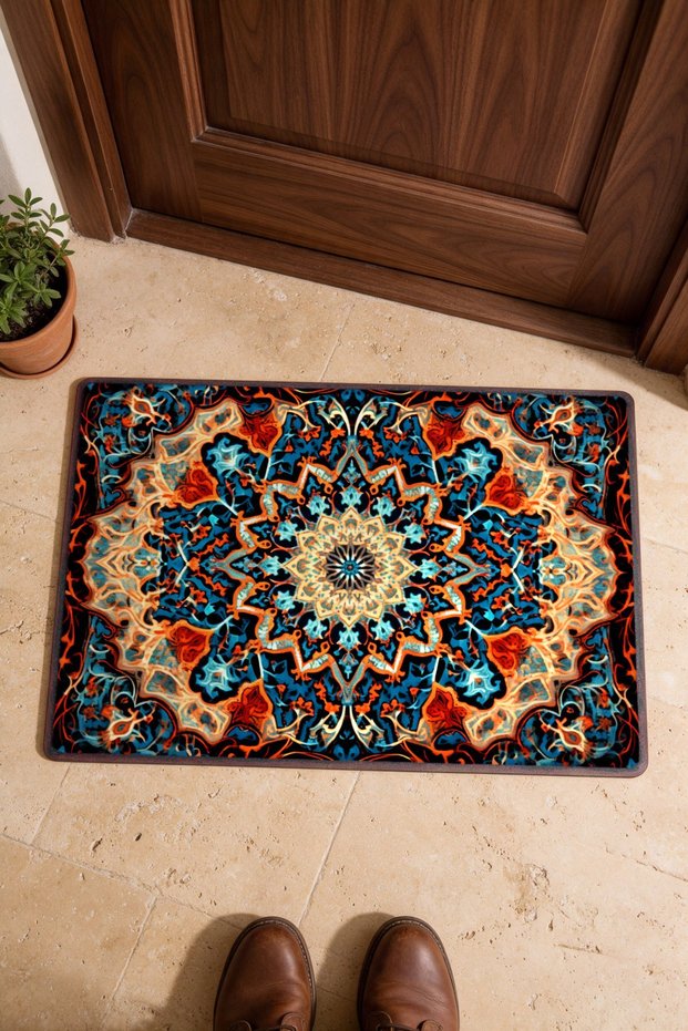 Navy Blue and Orange Star Emblem Turkish Rug-Patterned Doormat, 40x60 cm, with Non-Slip Sole