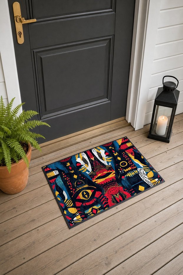 Navy Blue and Red African-Patterned Doormat, 40x60 cm, with Non-Slip Sole, Decorative