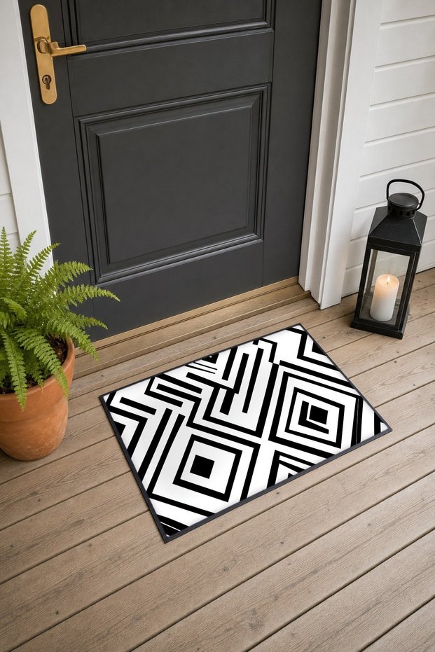 Black and White Interlocking Checked Optical Pattern Doormat, 40x60 cm, with Non-Slip Sole, Decorative