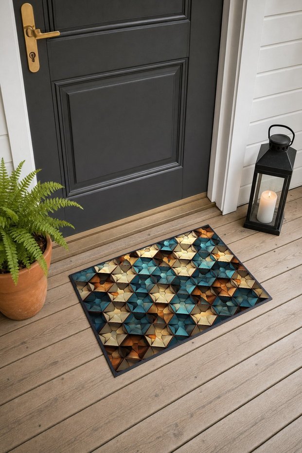 Blue and Brown Geometric Patterned 366 Doormat, 40x60 cm, Non-Slip Sole, Decorative