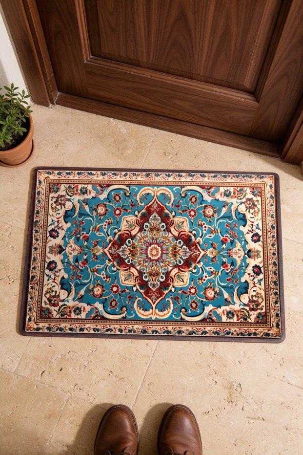 Blue and Red Flower Motif Turkish Rug-Patterned 746 Doormat, 40x60 cm, with Non-Slip Sole