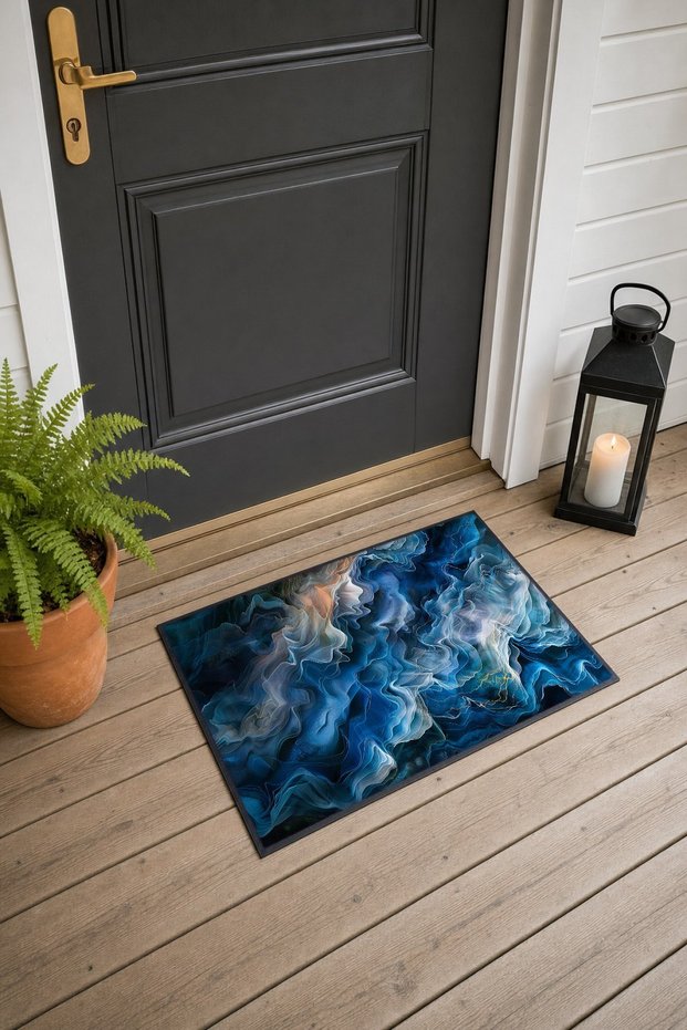 Blue Wavy Abstract Patterned Doormat, 40x60 cm, Non-Slip Sole, Decorative