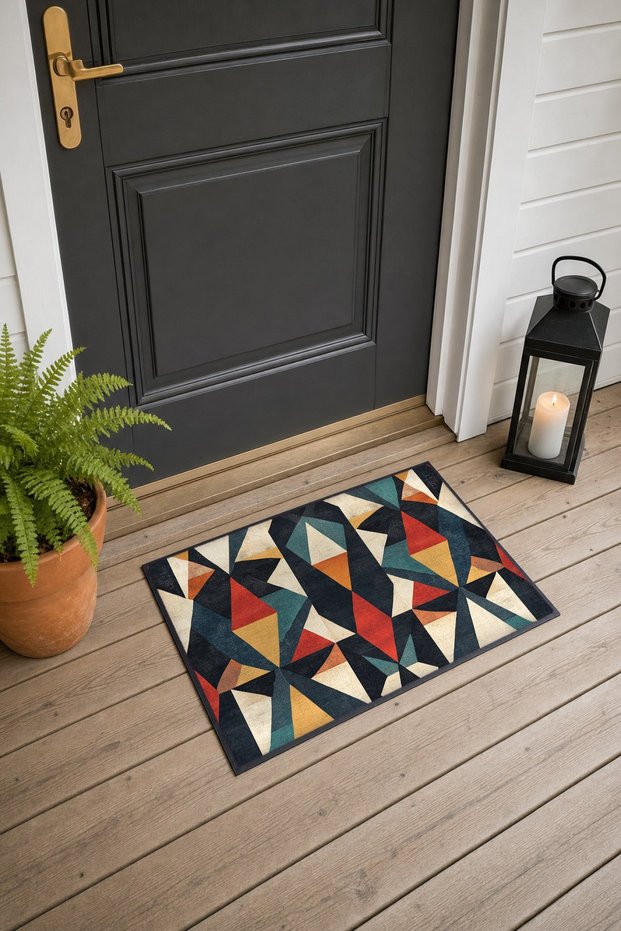 Red and Blue Geometric Patterned 738 Doormat, 40x60 cm, Non-Slip Sole, Decorative