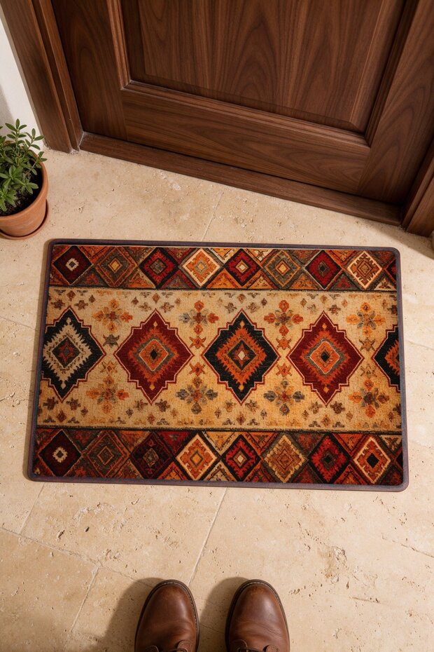 Brown Terracotta Color Kilim Rug-Style Doormat, 40x60 cm, with Non-Slip Sole
