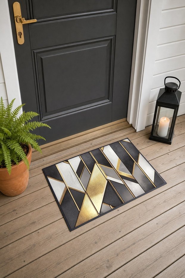 Black Gold Art Deco Geometric Patterned Doormat, 40x60 cm, Non-Slip Sole, Decorative