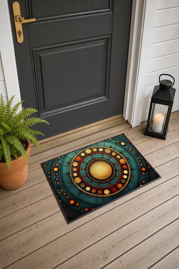 959 Blue and Orange Circle-Patterned Doormat, 40x60 cm, with Non-Slip Sole, Decorative