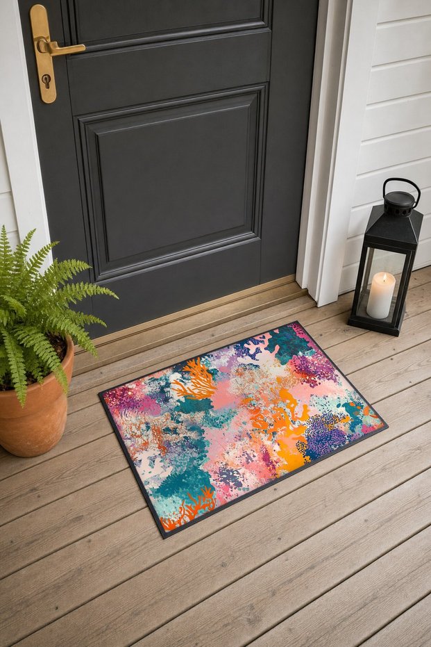 Salmon Orange Coral Collage-Patterned Doormat, 40x60 cm, with Non-Slip Sole, Decorative