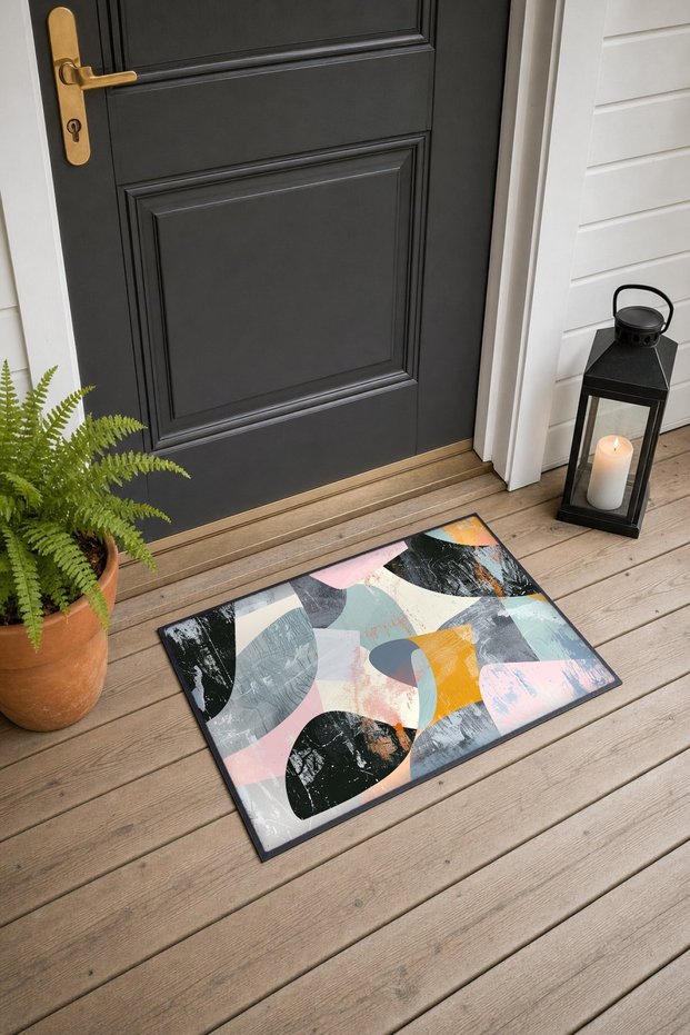 Pink and Blue Abstract Patterned Doormat, 40x60 cm, with Non-Slip Sole, Decorative