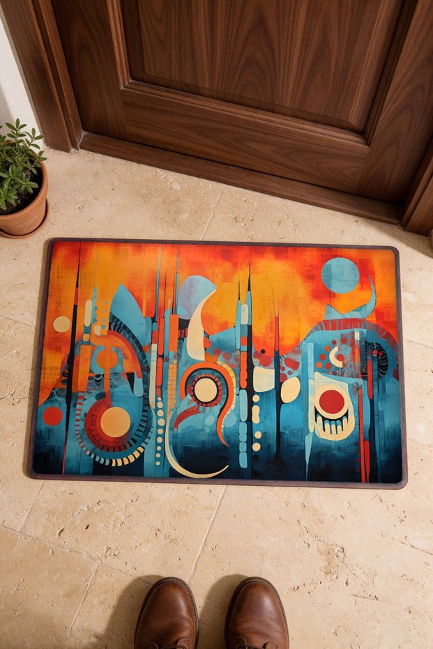 Orange and Blue Abstract Patterned Turkish Rug-Patterned Doormat, 40x60 cm, with Non-Slip Sole