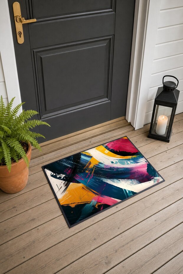 Yellow and Blue Abstract Patterned Doormat, 40x60 cm, with Non-Slip Sole, Decorative