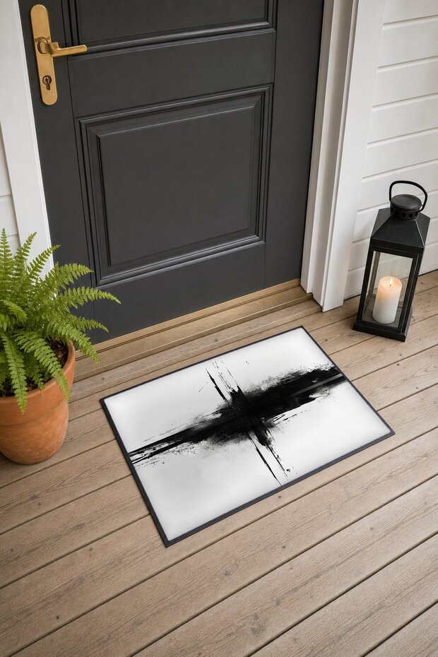 Black and White Minimalist Ink Horizon-Patterned Doormat, 40x60 cm, with Non-Slip Sole, Decorative