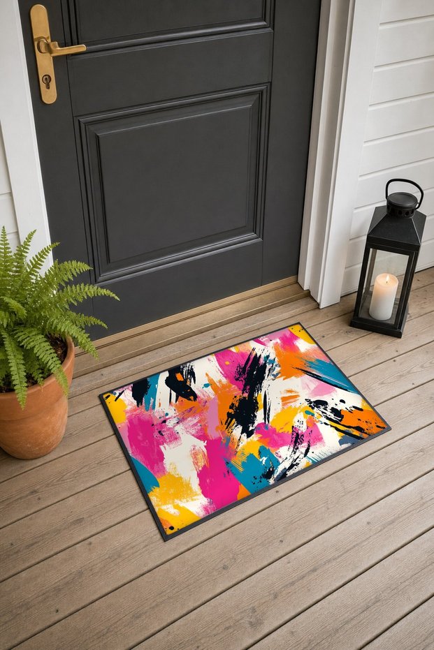 Pink and Orange Graffiti Brush-Patterned Doormat, 40x60 cm, with Non-Slip Sole, Decorative