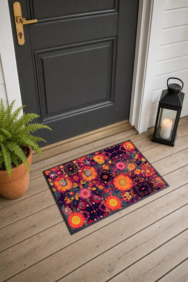 Burgundy and Orange Door Mat with Dense Floral Print, 40x60 cm, Non-Slip Sole, Decorative