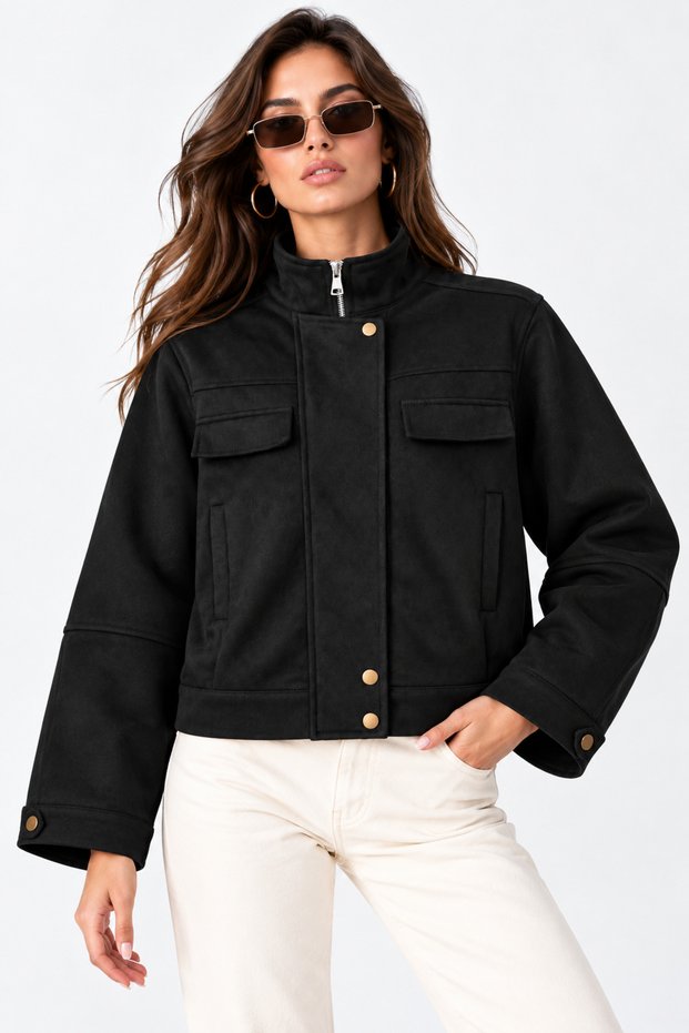 AGLİMMER Women's Beige Cropped Suede Jacket with Snaps, Double Pockets, and a Mock Neck