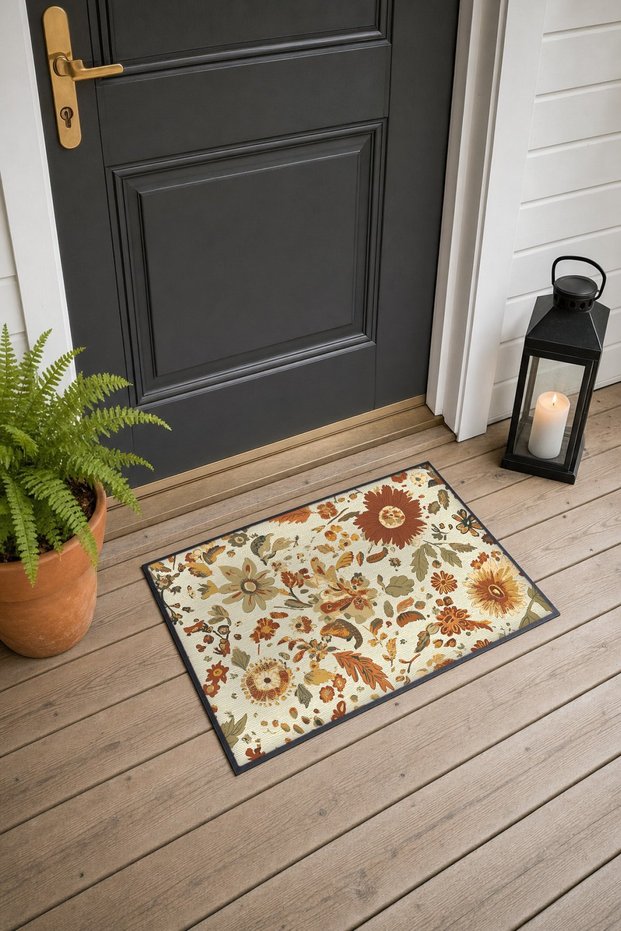 Cream-Brown Vintage Floral Print Doormat, 40x60 cm, with Non-Slip Sole, Decorative