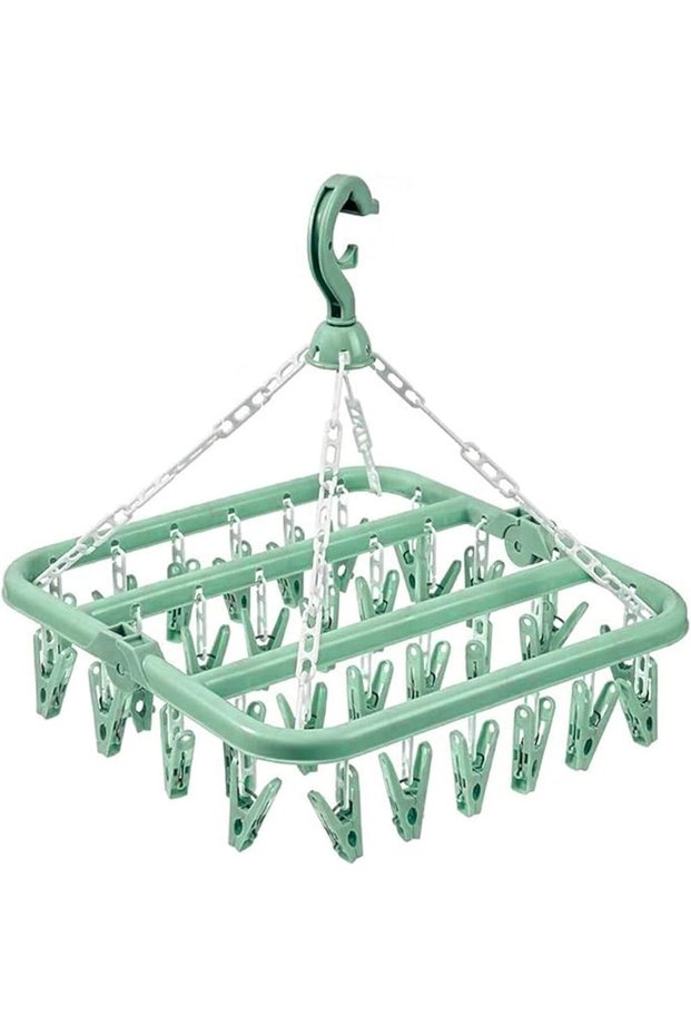 Clothes Drying Hanger with 32 Clips, Drip Foldable Hanging Rack, Multi Functional Drying Rack (Green)