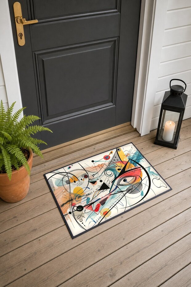 Cream-Colored Door Mat with Linear Composition Striped Pattern, 40x60 cm, with Non-Slip Sole, Decorative