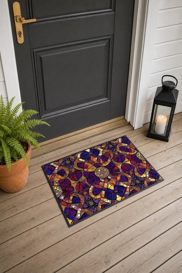 Purple and Brown Stained-Glass Mosaic Patterned Doormat, 40x60 cm, with Non-Slip Sole, Decorative